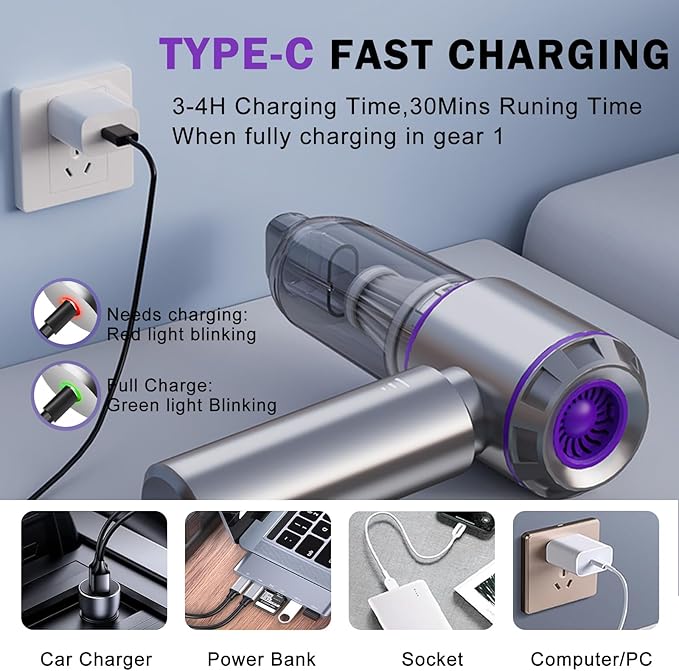 Mini Car Vacuum Cleaner,20000PA 4-in-1 Cordless Handheld Vacuum Cleaner with 6000mAh Battery Brushless Motor Hand Held Vacuum Air Duster & Air Blower & Pump for Car,Office and Home Cleaning