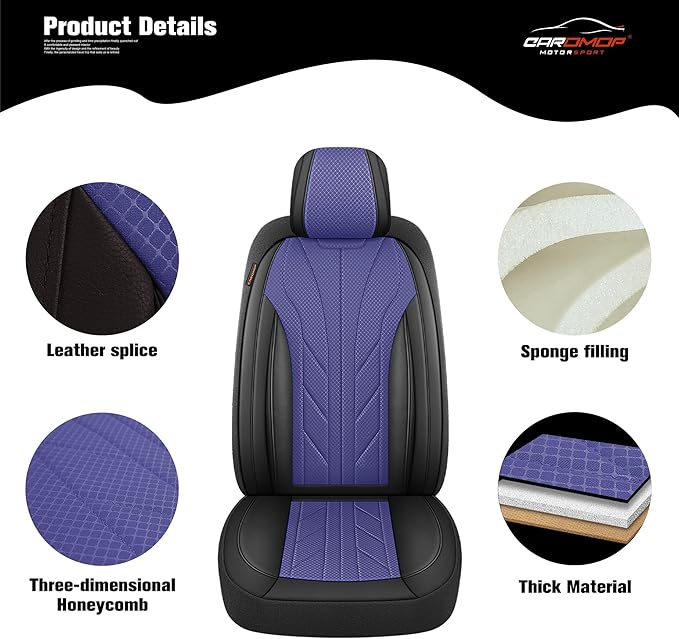 CAROMOP Luxury Faux Leather&Fabric Car Seat Covers 2 Front Seats with Breathable 3D Foam Back Support, Universal Seat Covers for Cars,Trucks,SUVs, Front Armrests Compatible(Black/Blue)