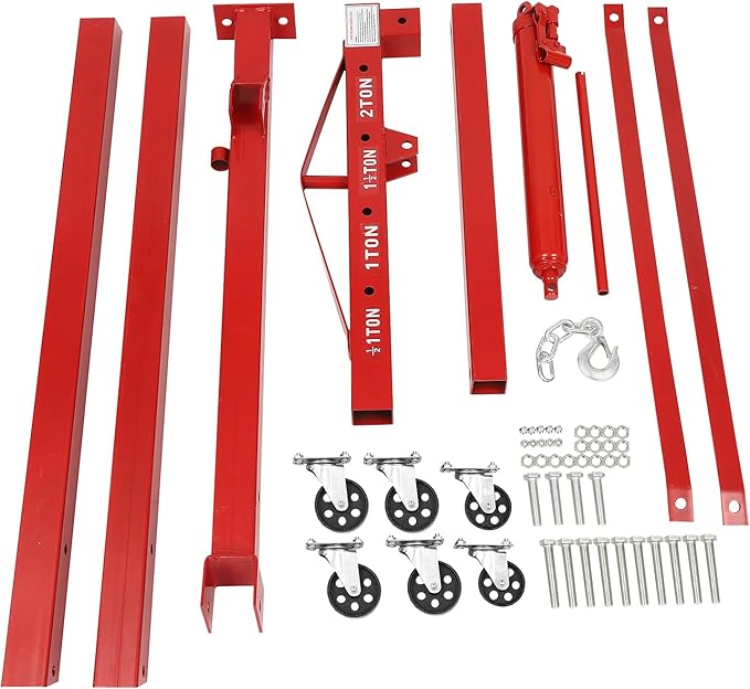 2 Ton Engine Hoist, Folding Hydraulic Engine Crane Red, Heavy Duty Cherry Picker Engine Crane, Four Adjustable Positions, Adjustable Load Arm & 6 Iron Caster Wheels for Garage, Workshop