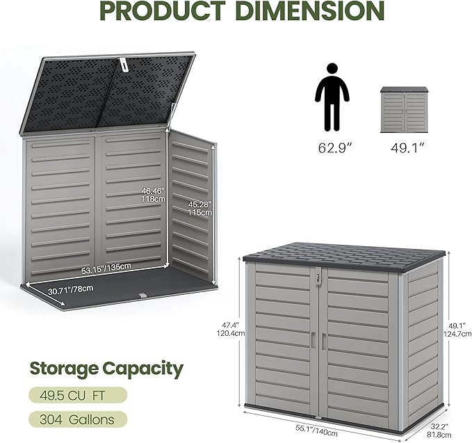 Outdoor Trash Can Storage Shed 4.6 x 4.1 FT, 304 Gallon Resin Shed with Lockable Doors & Lift Lid, Waterproof Outdoor Storage for Garden Tools, Cushions & Patio Equipment