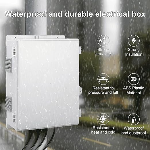 Outdoor Electrical Junction Box with High Power Outlet, 16" H* 12" L* 5.9" W, ABS Water Resistant Enclosure with Internal Mounting Panel & Hinged Cover.