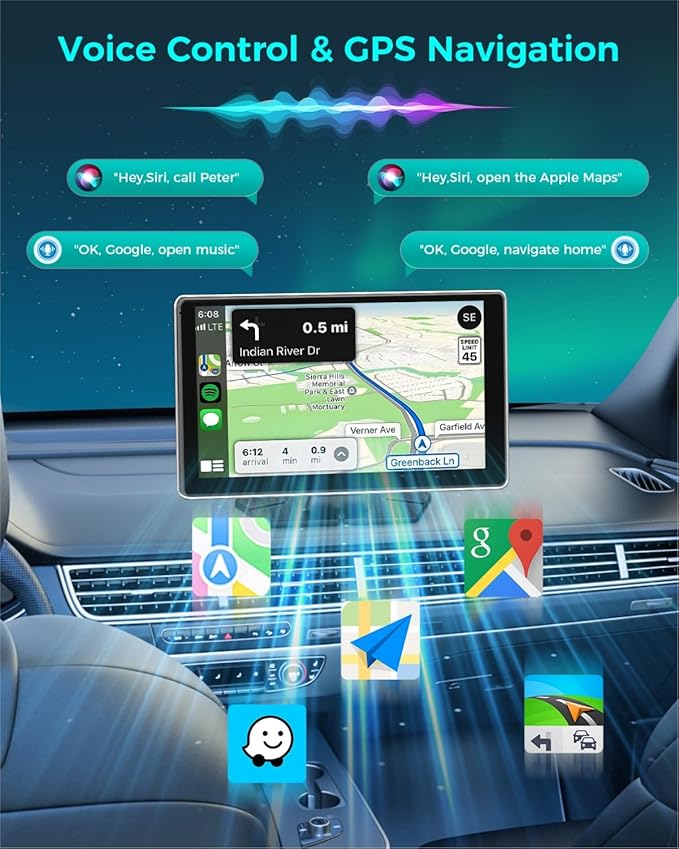 Wireless Carplay with 4K Dash Cam, 9" Portable Carplay Screen for Car, Apple Carplay & Android Auto Car Satellite Radio with 1080P Backup Camera, GPS Navigation/Mirror Link/Voice Control/Bluetooth