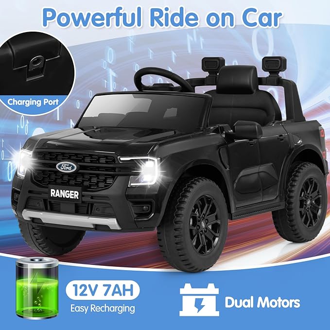 HONEY JOY Ride On Car, 12V Licensed Ford Ranger Electric Vehicle for Kids, Spring Suspension, Music & 3 Speeds, Horn, LED Lights, Battery Powered Ride On Toy with Remote Control(Black)