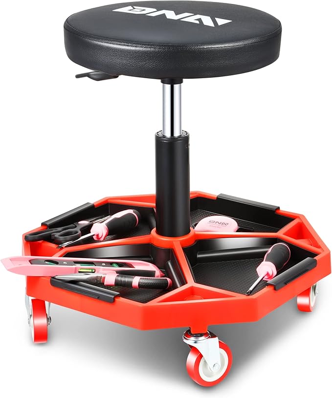 DNA MOTORING TOOLS-00253 Adjustable Height Pneumatic Garage Seat Rolling Mechanic Stool with Tool Tray Storage,300lbs Max Weight Capacity