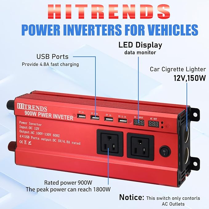HITRENDS 900W Car Power Inverter 12V to 110V, DC to AC Converter with 4 USB Ports (24W Quick Charge) & 2 AC Outlets, for Camping, RV, Laptop, CE, FCC and ROHS Certified
