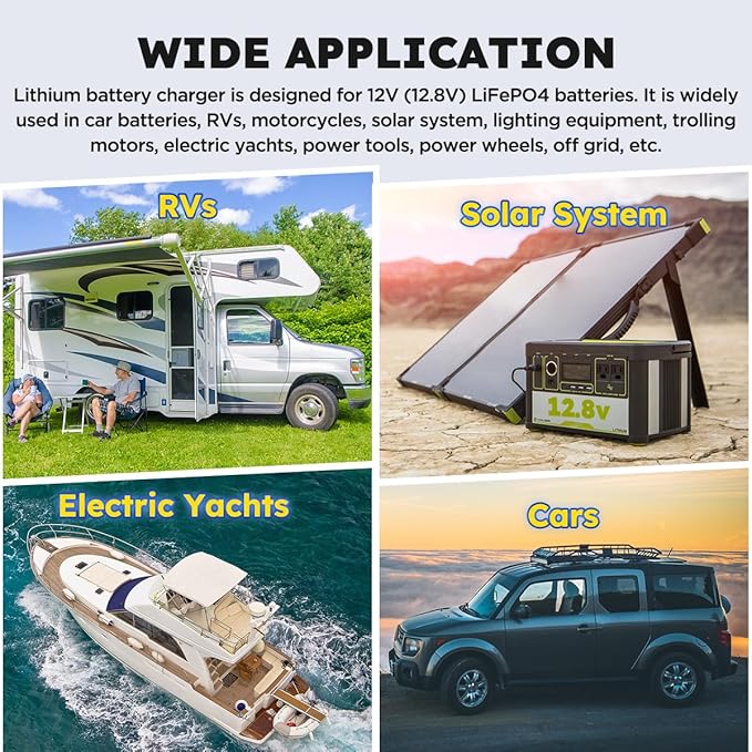 12V 20A Lithium Battery Charger 14.6V LiFePO4 Battery Charger for 12.8V LiFePO4 Lithium Deep Cycle Rechargeable Battery 0V Wake Up 12 Volt Charger with 2 Connectors for RV, Boat, Car, Marine, Solar
