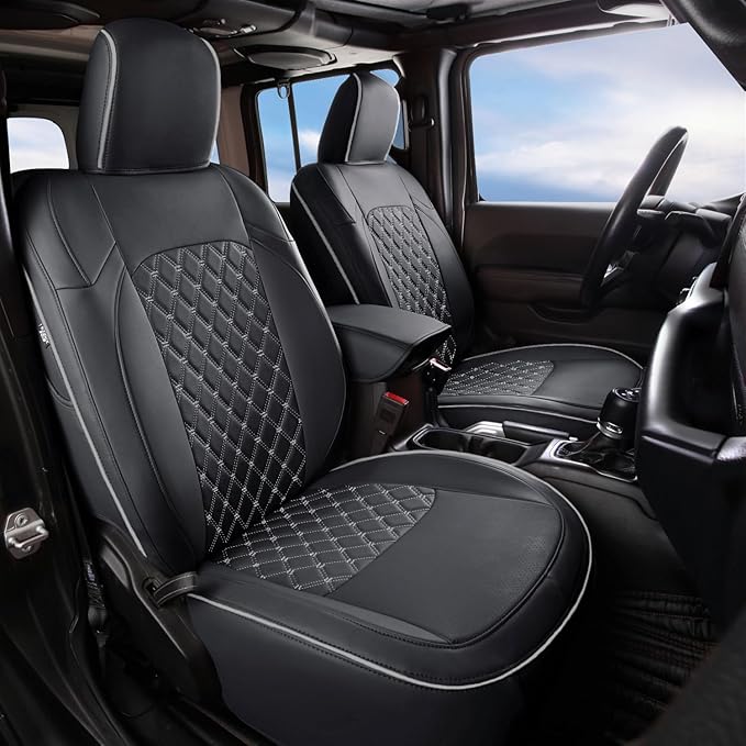 GIANT PANDA Fit Full Set Car Seat Covers for Jeep Wrangler 4 Door JL Sahara Altitude Rubicon 392 Unlimited 2018 2019 2020 2021 2022 2023 2024 2025 with Rear Cup Holder,Faux Leather - (Black+Gray)