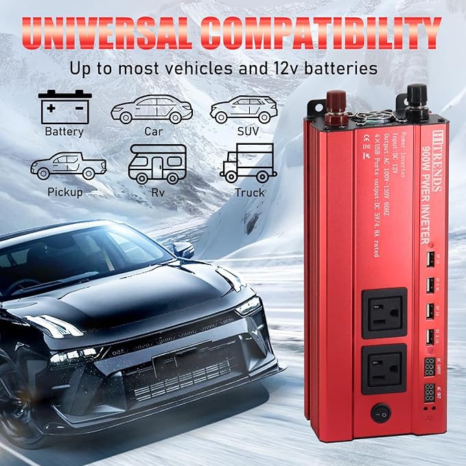 HITRENDS 900W Inverter for Car Power Inverters, 12V DC to 110V AC Converter with 4 USB & 2 AC Outlets, 12 Volt Battery Inverter Car Cigarette Lighter for RV Truck