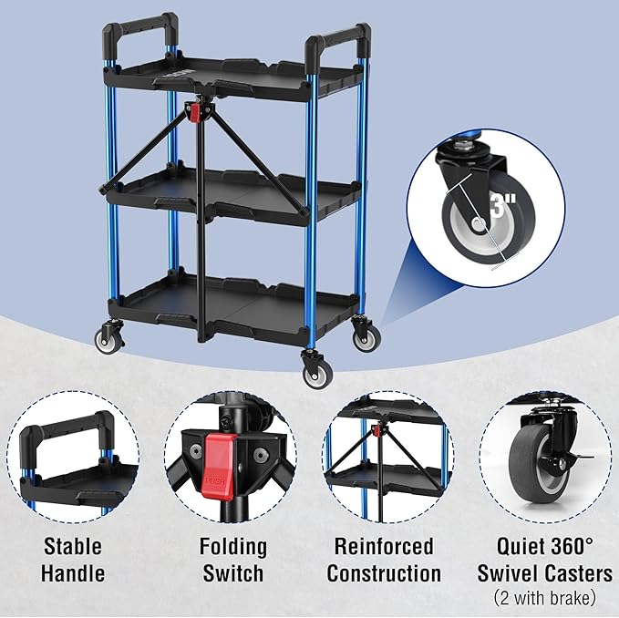 WORKPRO 3-Tier Collapsible Service Cart, 210 LBS Foldable Utility Service Cart with Wheels, Portable Tool Cart for Garage, Warehouse, Home, Restaurant, Office (No Assembly Required)