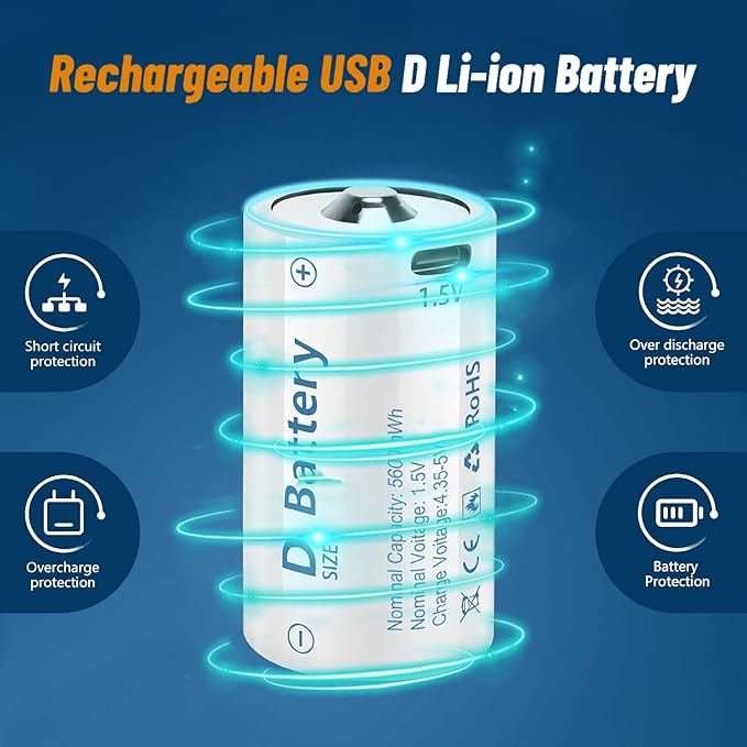 1.5V D Size Cell Battery for Flashlight Toys & floodlight,Lithium D Batteries Rechargeable 8 Pack, Rechargeable D Size Batteries with USB-C 4 in 1 Charging Cable.