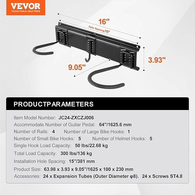 VEVOR Bike Storage Rack, 6 Bike Racks and 5 Helmets Hooks, Wall Mount Bike Storage Hanger, Home & Garage Organizer, Customizable for Various Bike Sizes, Adjustable Holder, Holds Up to 300 lbs, 64-inch
