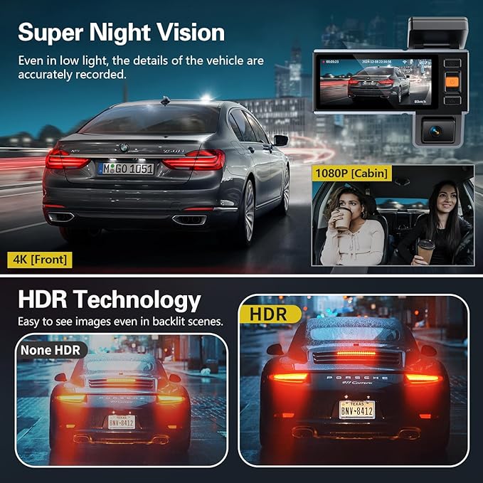 4K Dash Cam Front and Rear and Inside, UHD 2160P Night Vision 3 Channel Dash Camera for Cars, 3.16'' IPS Screen Dual Dashcam with Speed Recording, App Control,24H Parking Mode,G-Sensor