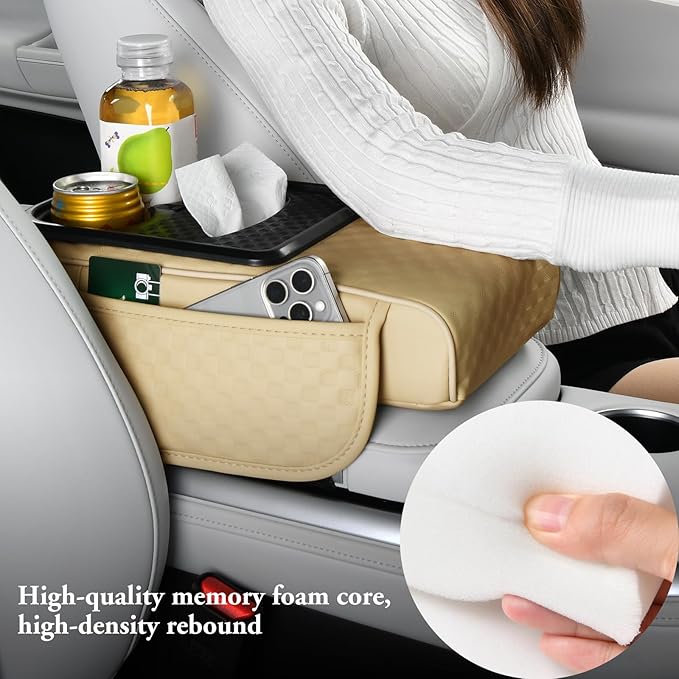 Car Center Console Cover, Armrest Cover for Storing Water Cups, Tissues, Cards, and Phones, 4-in-1 Center Cover with Soft Leather and High Resilience Memory Foam (Light Beige)