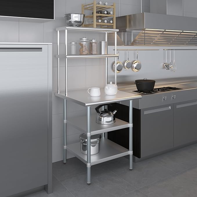 Amgood Stainless Steel Work Table with 2 Shelves | Metal Kitchen Prep Table & Shelving Combo (30" x 30" Table with 2 Shelves + 12" Overshelf)