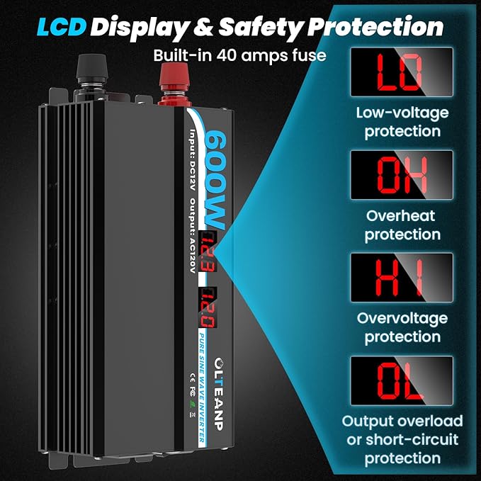 600W Power Inverter Pure Sine Wave Inverter 12V DC to 120V AC Converter for Car, Truck, Home, Vehicles, Laptop, Car Inverter 12V to 110V with 2 AC Outlets, 2 USB Ports, LCD Display