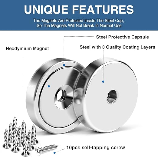 MIKEDE 70 LBS Magnets with Screw Holes, 6 Pack Force Neodymium Cup Magnets 25mm with Countersunk Hole and Steel Capsule, Powerful Industrial Strength Strong Magnet with Screws for Wall Mounting