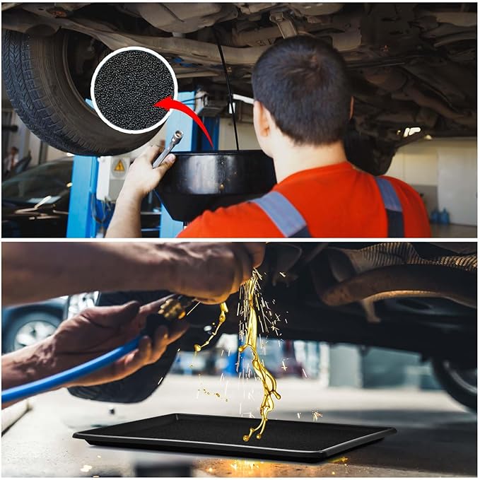 Uiifan 2 Sets 27'' x 20''x 1.4'' Oil Drain Drip Pan for Car with Square No Splatter Pad Oil Drip Tray with Mat for Under Car Transmission Garage Automotive Driveway to Keep Floor Clean, Black