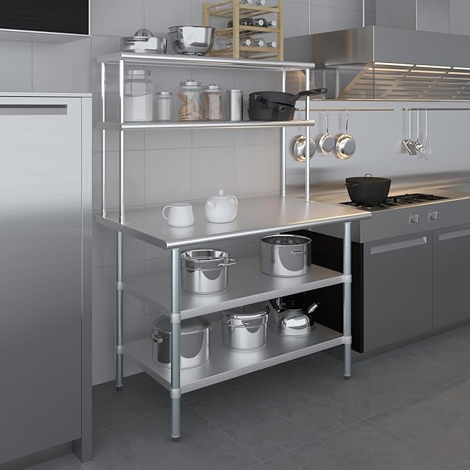 Amgood Stainless Steel Work Table with 2 Shelves | 30" x 48" Table with 2 Shelves + 12" Overshelf