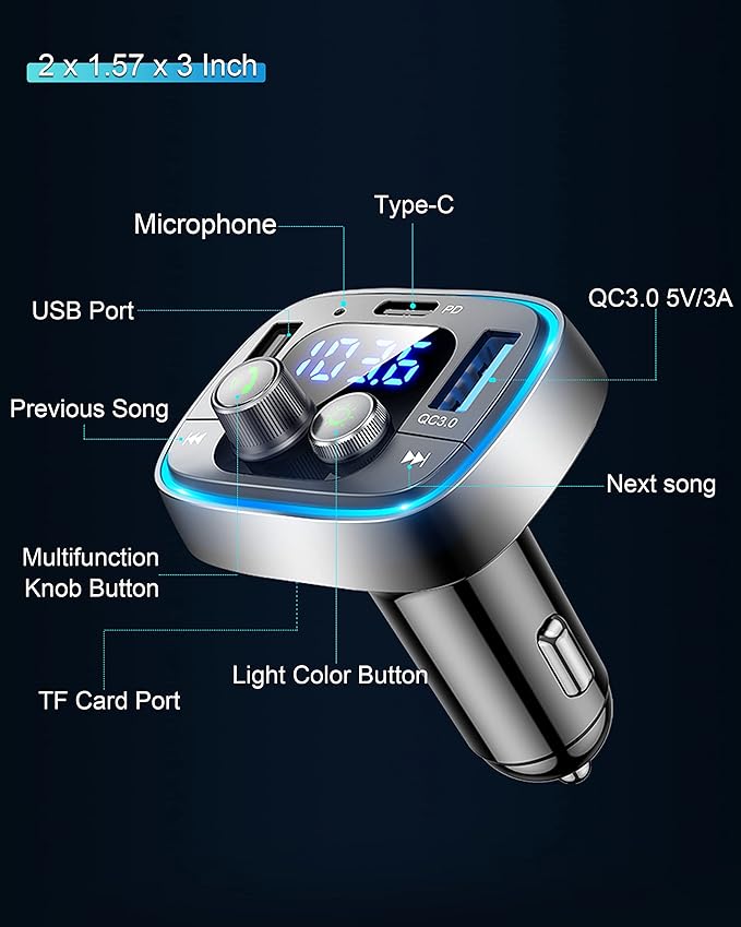 LIHAN USB C Bluetooth Adapter for Car, AUX Wireless FM Radio Transmitter, Handsfree Calling & Audio Receiver, MP3 Music Player, QC3.0 & Type-C PD USB Charger,7 Colors LED Backlit
