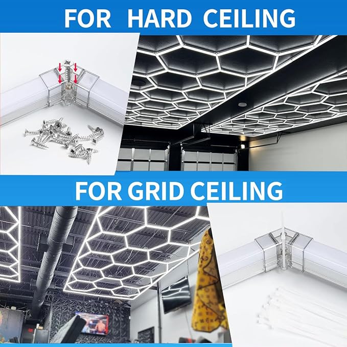 tewei Hexagon LED Garage Lights with Rectangle Frame, 900W 90000LM 6500K, Ultra-Bright Hexagon LED Shop Lights for Garage, 14 Grids Hex Ceiling Light for Workshop, Warehouse, Gym, Car Detailing Shop