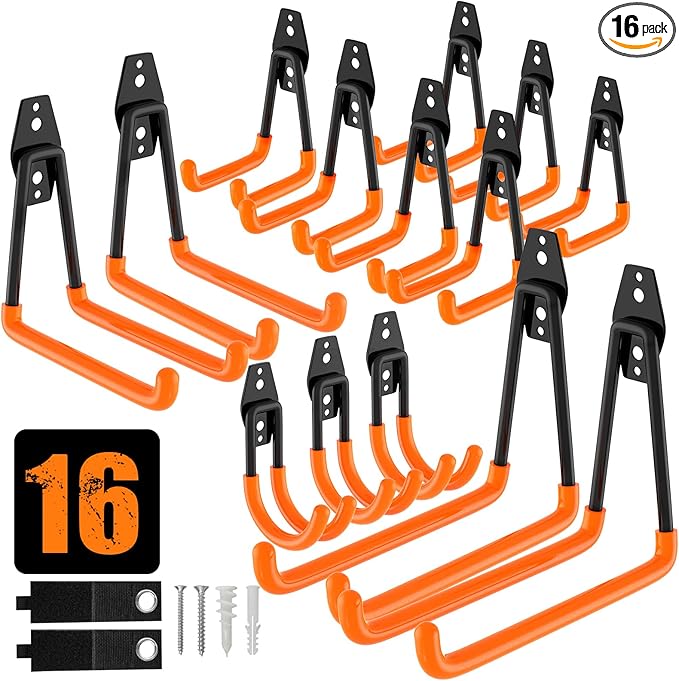 QcoQce 16 Pack Garage Hooks Heavy Duty with 2 Extension Cord Straps,Garage Storage Hooks, Wall Mount Hooks, Garage Organization and Tool Hangers for Bike, Ladder, Ropes and Garden Tools(Orange)