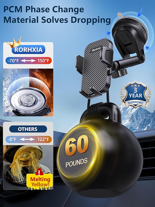 [2025 Most Stable & Flexible Suction Cup] 3-in-1 Car Phone Holder, Cell Phone Car Mount Fit for Vent/Dashboard/Windshield, All Phones, iPhone, Samsung and More