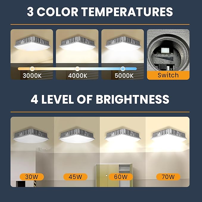 70W LED Canopy Lights 4Pack, 30/45/60/70W Selectable, 3CCT 3000/4000/5000K, Commercial LED Canopy Lights Outdoor for Gas Station Carport Garage Warehouse, IP65 Waterproof, 100-277V Dim, ETL Listed