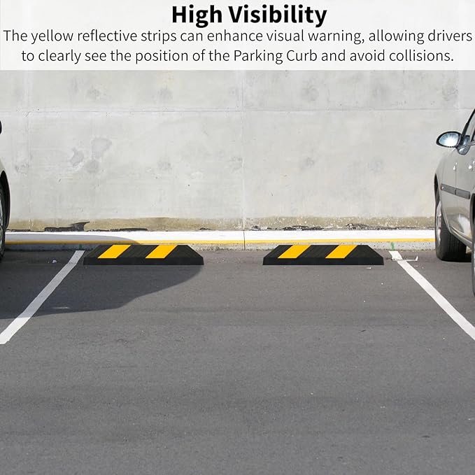 Heavy-Duty Parking Curb Wheel Stop - Driveway Vehicle Stopper for Cars, Trucks & RVs - Durable Rubber Car Barrier with Reflective Strip - Garage & Parking Lot Safety Curb Ramp (21" - 4Pack)