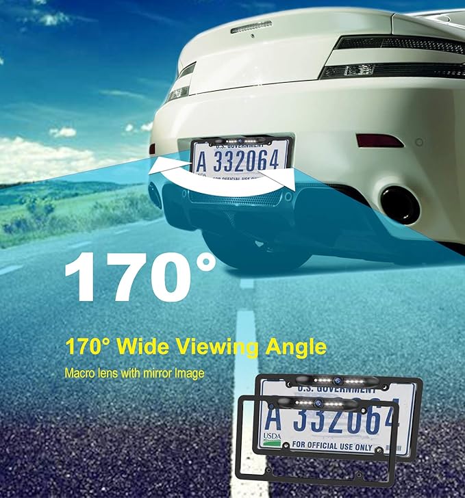 JPP License Plate Backup HD Camera, Rear View Camera 170° Viewing Angle Universal Night Vision Waterproof High Sensitive 7 Bright LED Reversing Car Camera