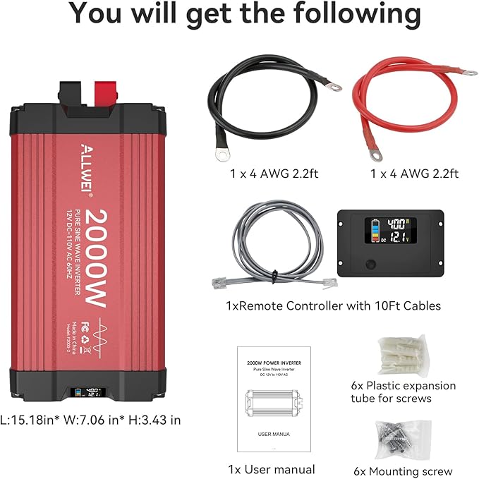 ALLWEI 2000W Pure Sine Wave Inverter 12V DC to 110V AC Converter, Surge 4000W, 2 AC Sockets, LCD Display, Power Inverters for Vehicles, RV, Truck, Home, Solar & Off-Grid Inverter, Remote Controller