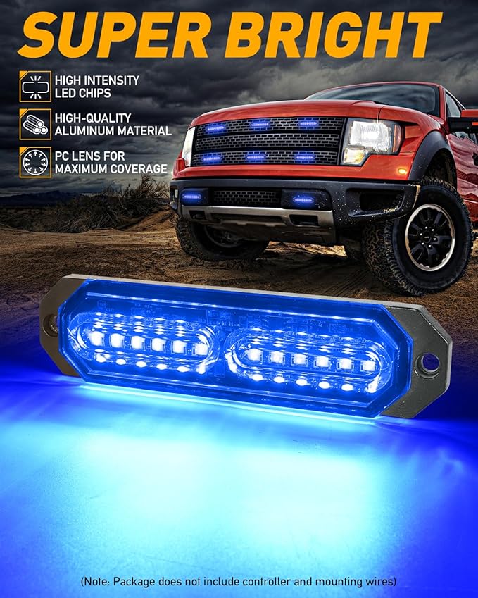 HLauto 1200T Emergency Strobe Grille Lights: 8pcs 12 LED Sync Feature Safety Warning Flashing Light, Ultra Slim Surface Mount Hazard Caution Lights for Trucks, Vehicles, Car, ATV, UTV (Blue)