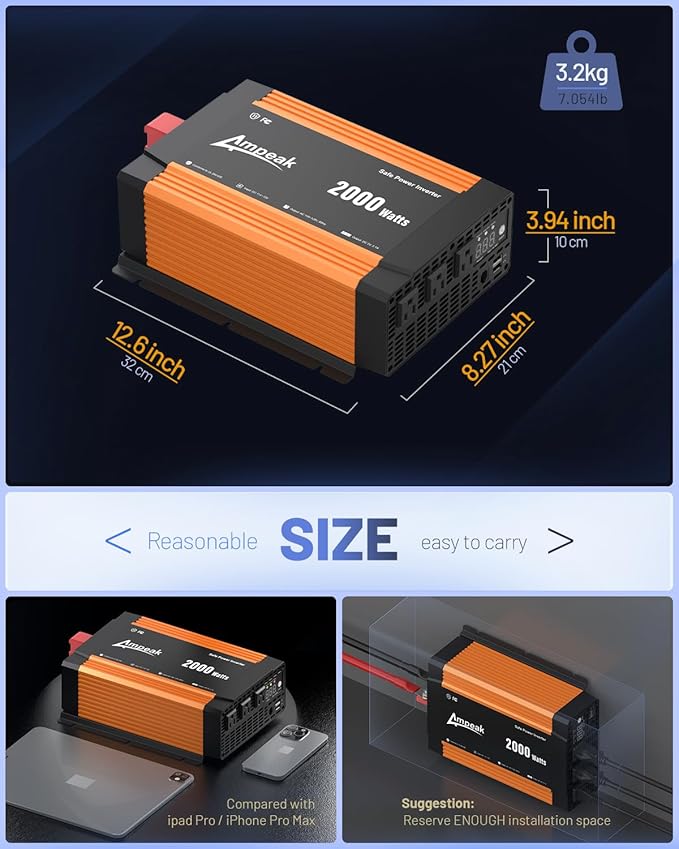 Ampeak 2000W Power Inverter Conversion Efficiency 89.37% Inverter 12V to 110V 3AC Outlets Dual 5V/3.1A USB Ports Modified Sine Power Inverters for Vehicles
