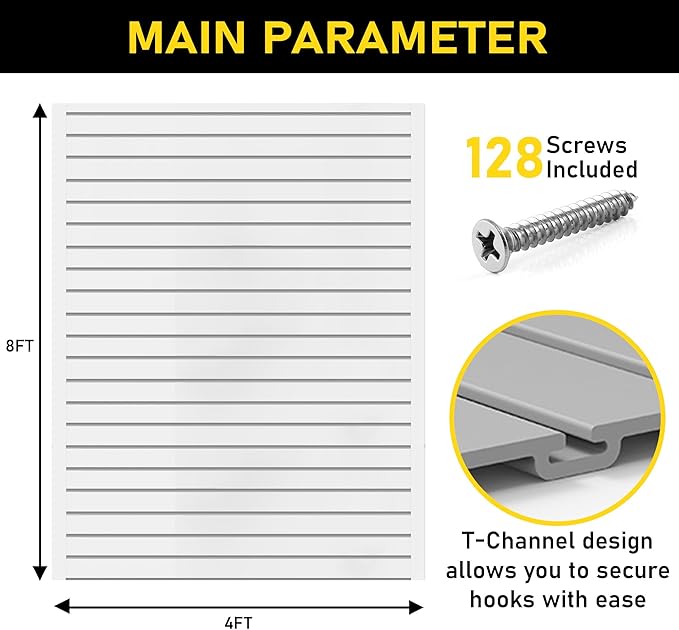 Heavy Duty 8x4 PVC Garage Slatwall Storage System (with Endcaps & Screws) - Modular Slat Wall Paneling for Garage Wall Organization - Interlocking Slatwall Panels for Home & Commercial Use (White)