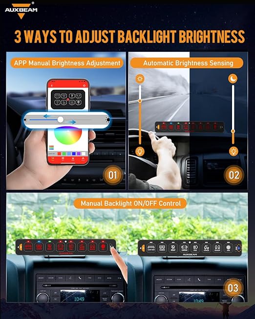 Auxbeam 8 Gang Slim Switch Panel Bluetooth RGB AS-800 with APP&Remote Control Toggle Momentary Pulsed 80A Switch Pod Off Backlight for 12-24V Truck Offroad UTV ATV Car Marine, 2 Years Warranty
