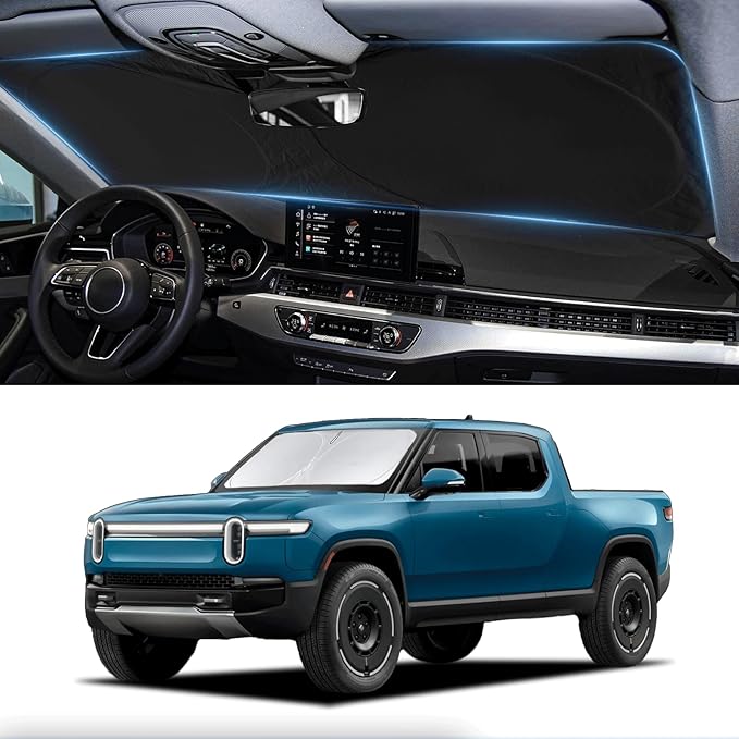 Custom Fit Rivian R1T Windshield Sunshade for 2022-2023 2024 2025 Rivian R1T Accessories Front Window Sun Shades Shield Cover for Windshield Foldable 210T Sun Visor Protector Blocks UV Ray