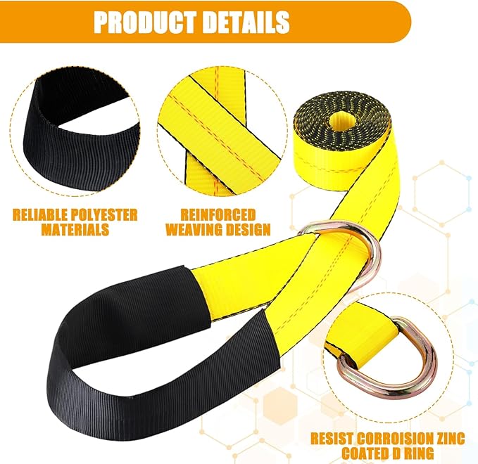 8 Pack 2'' x 12ft Tow Truck Straps Lasso Wheel Lift Straps Lasso Tow Strap with D Ring 11, 000 Lbs Break Strength Auto Tie Down Auto Hauler for Trailer Truck Tie