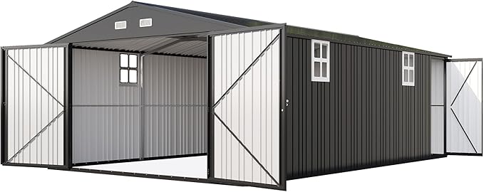 AMERLIFE 13.2x21x8 FT Outdoor Metal Garage Shed, Extra Large Storage Shed with Double Hinged Doors, 4 Windows, Carport for Car, Truck, Bike and Lawn Equipment, Dark Grey