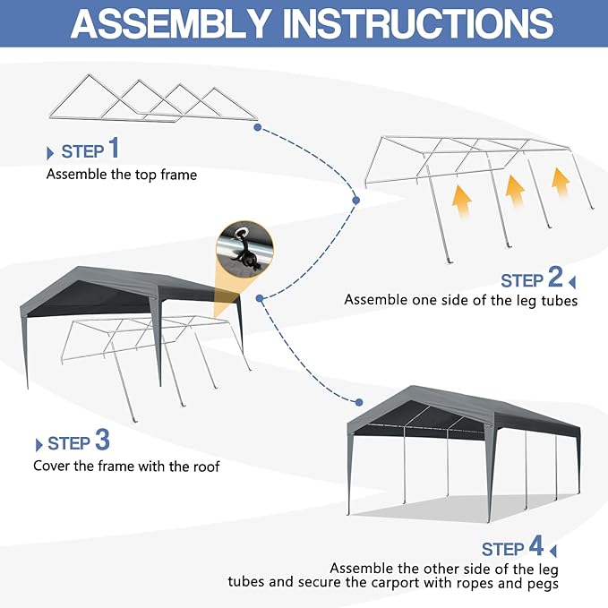 VINGLI 12x20 Carport Canopy Portable Garage, Car Canopy Heavy Duty Car Tent for SUV, Boats, RVs, Trucks Party Tent Boat Shelter(Without Sidewalls)