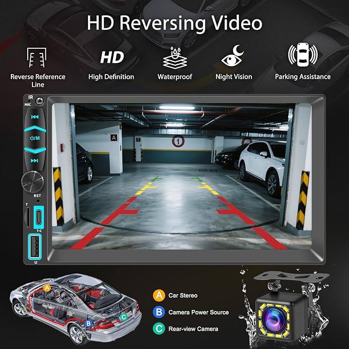 7" Wireless Double Din Car Stereo Apple Carplay Radio Screen for Car Audio Receivers, Bluetooth Car Play Android Auto Touchscreen, Mirror Link, Backup Camera, SWC, AM/FM, AirPlay, Type-C
