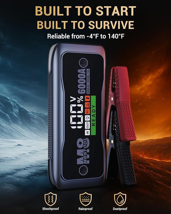 MOSTOOL M8 6000A Flagship Car Jump Starter, 12V Professional Battery Pack with Smart LCD, Heavy Duty Safety Clamps, 24000mAh Power Bank, 400-Lumen LED, Rugged Kit for All Gas & Up to 12.0L Diesel