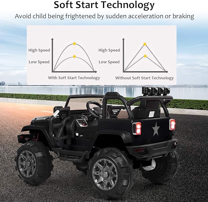 Costzon Ride On Car, 12V Battery Powered Electric Ride On Truck w/Parental Remote Control, LED Lights, Double Open Doors, Safety Belt, Music, MP3, Spring Suspension (Deluxe Black)