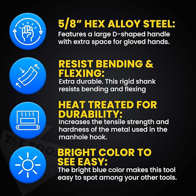 T&T Tools 30-Inch Manhole Hook Tool - Heavy Duty Single Hook for Lifting Manhole Covers, Storm Drains, Septic Tank Risers - Rigid Hex Alloy Steel Tool for Lifting, Pulling, and Removing Covers-4 Pack