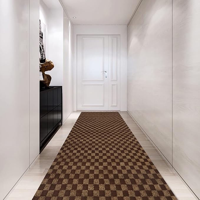 Custom Size Backed Non-Slip Area Rugs Runner, Easy Clean, Waterproof Runner Rugs for Hallway Entryway, Kitchen, Laundry, 2FT x 50FT, Brown Checkered