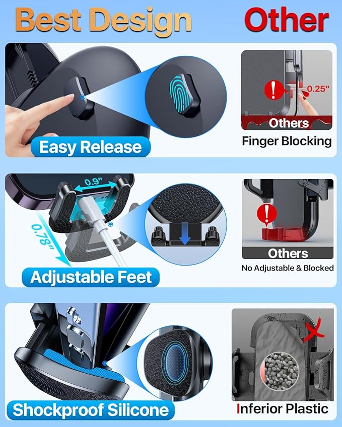 HTU 【Military-Grade】 Car Phone Holder,【Strongest & Longest Steel-Hook】 Car Vent Mount, Handsfree 360° Adjustable Automobile Cradle Air Clip Stand for iPhone 16 15 14 13 12 Pro Max Samsung, Black