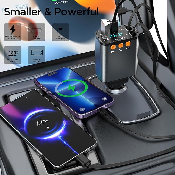 Bluetooth Car Adapter,5 in 1 Retractable Car Phone Charger with Bluetooth 5.3 FM Transmitter,Handsfree Call and MP3 Player,2 Retractable Cables and USB PD Charging Adapter for Cars Phone,Galaxy,Pixel