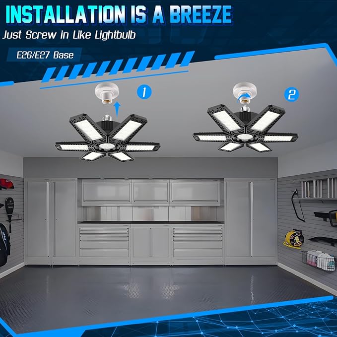 ISKYDRAW Garage Lights Bulb - 6 Pack 200W Garage Lights Ceiling LED 20000LM 6500K Led Shop Light with 6 Deformable Panels, Screw in E26 E27 Socket Basement Lighting for Workshop Barn Attic