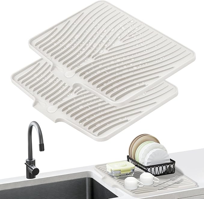 Dish Drying Mat, Stone Drying Mat for Kitchen Counter with Built-in Drain, Non-Slip Drying Matt Kitchen Counter, Heat Resistant Silicone Drying Mat, Dish Drying Pad, 2 Pcs(15.8"X 13", Cream)