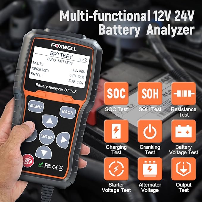 FOXWELL BT705 Car Battery Tester 12V 24V, Automotive 100-2000CCA Battery Load Tester Analyzer, Digital Cold Cranking Charging System Alternator Tester for Heavy Duty Truck Boat Marine SUV ATV