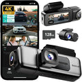 4K 3 Channel Dash Cam Front and Rear/Inside, 360°Dash Camera with 3.18" Touch Screen, Night Vision Dashcam, Built-in GPS, 5.8G WiFi, Voice Control, 24/7 Parking Mode Car Camera, Free 128GB Card