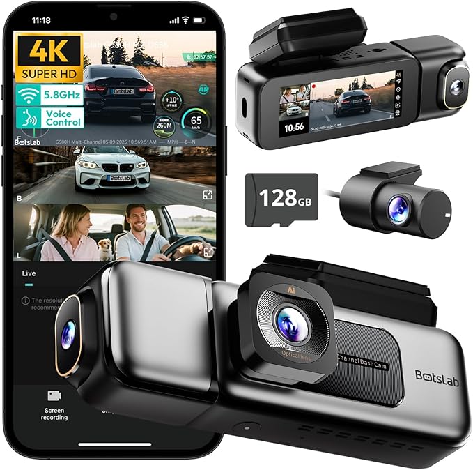 4K 3 Channel Dash Cam Front and Rear/Inside, 360°Dash Camera with 3.18" Touch Screen, Night Vision Dashcam, Built-in GPS, 5.8G WiFi, Voice Control, 24/7 Parking Mode Car Camera, Free 128GB Card